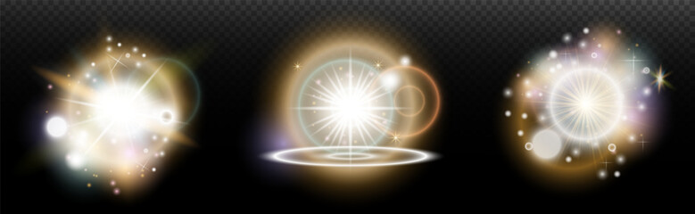 Set of flash light effect with glare and glow on a transparent background. Magic, rainbow glow, shining light, stars, optical flares for design, photomontage, New Year and holiday projects.