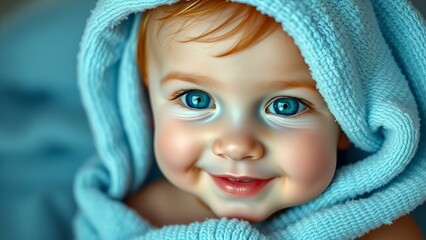 Happy baby in blue hooded towel with big smile
Concept of joy, innocence, comfort