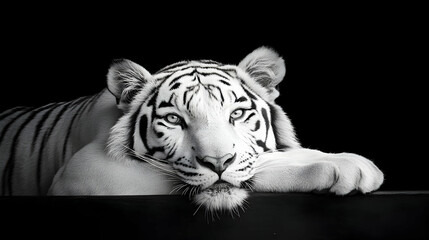 Obraz premium Majestic white tiger resting, intense gaze, black background, wildlife photography for conservation or wildlife magazine