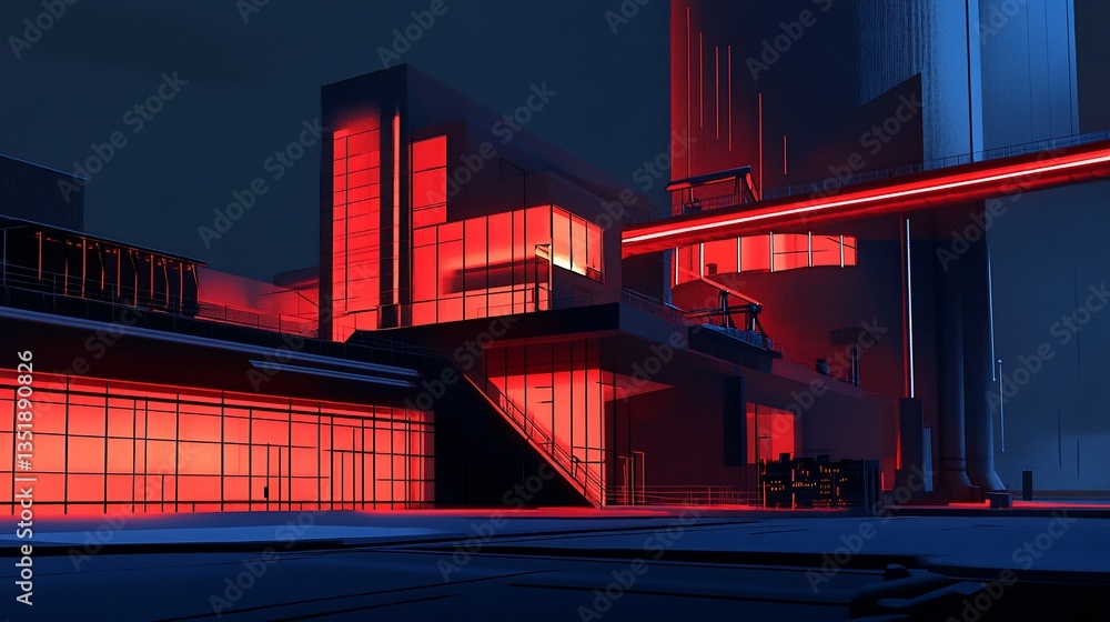 Poster futuristic urban architecture with red lighting in a sci-fi setting 3d render