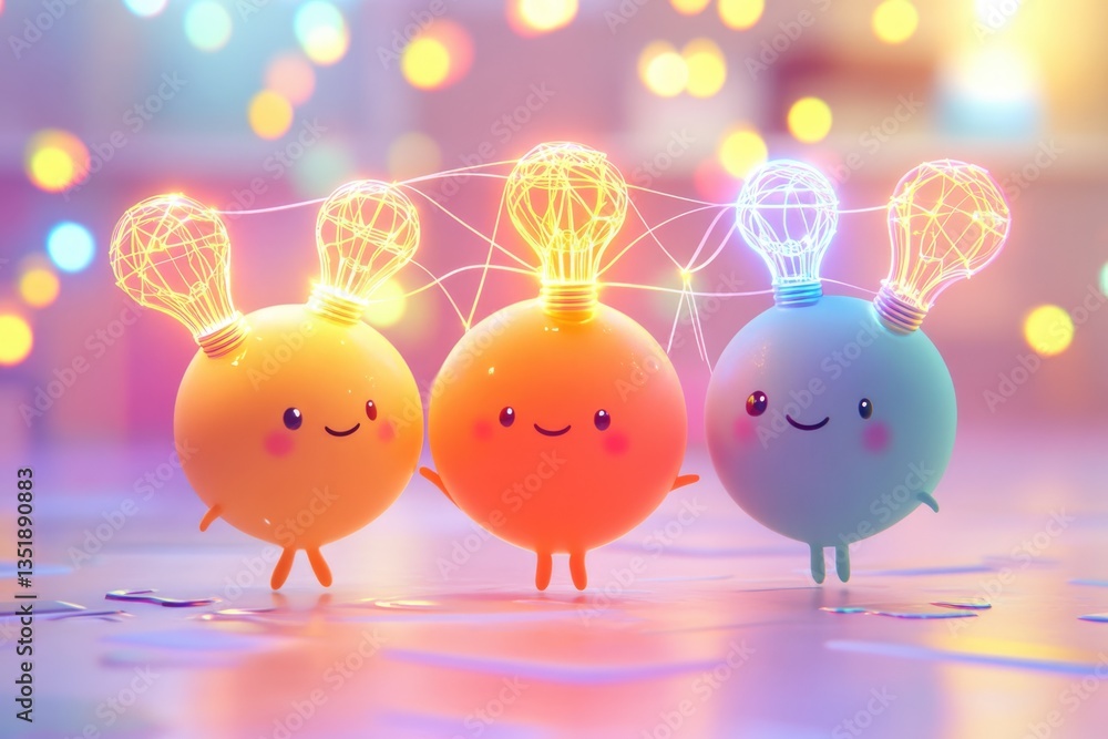 Poster three cute, interconnected characters with lightbulbs represent collaborative idea generation and cr