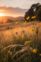 Fototapeta premium Soft Abstract Golden Meadow at Sunset with Yellow Flowers 