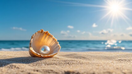 Obraz premium A pearl is sitting on the sand next to the ocean. The scene is serene and peaceful, with the sun shining brightly in the background
