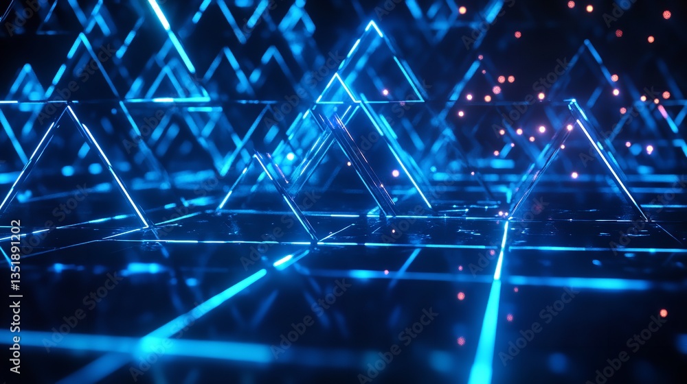 Aufkleber abstract blue triangle neon lights with orange particles floating in the background space design