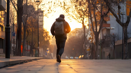 Man walking city street sunrise backpack travel commute