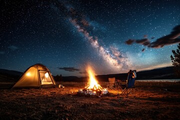 Multi-generation families camping under the stars by a glowing campfire in nature embracing togetherness in a serene outdoor environment