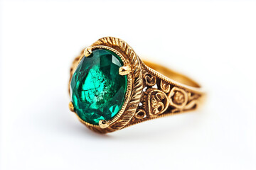 stunning close up of an antique emerald gemstone, deep green hue with natural inclusions, mounted on an ornate antique gold ring