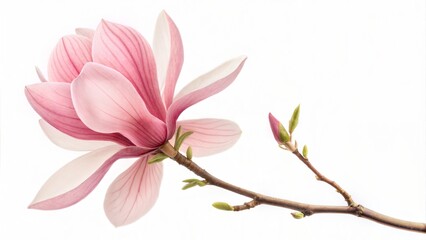 Fototapeta premium Pink magnolia blossoms on a tree branch, isolated on a white background. (Flower)