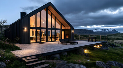 Obraz premium Modern cabin, mountain view, Iceland, evening. Relaxing vacation home rental