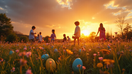 Children with baskets walk through a field of Easter eggs and wildflowers, bathed in the warm glow of sunset.