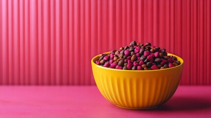 A yellow bowl filled with a variety of colored nuts