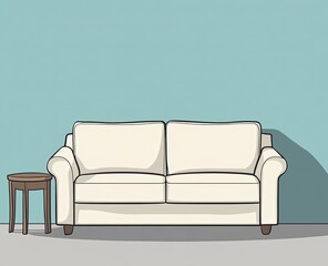 Minimalist interior design of a modern living room with a sofa and side table against a blue wall background. 