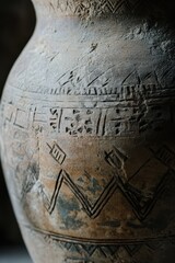 Ancient Vessel with Etchings: An up-close exploration of a weathered, aged clay vessel, adorned with intricate etchings, telling a silent story of history and heritage.