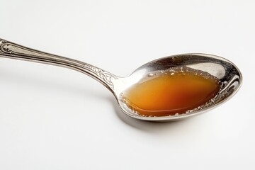 A silver spoon holds a spoonful of amber liquid, possibly honey or syrup.