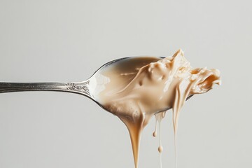 Creamy substance overflowing from a vintage spoon, dripping slowly, delicious texture.