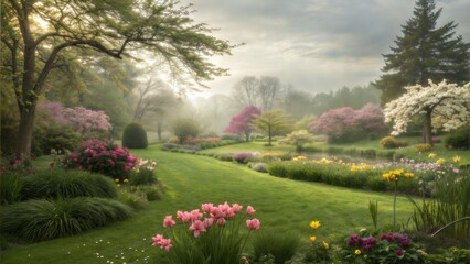 A lush spring garden with a rich green lawn, emphasizing the beauty of blooming flowers in a panoramic natural setting. (Flower)