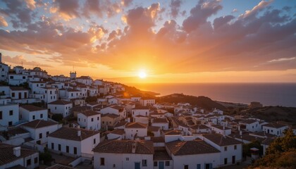 Fototapeta premium Sunset over whitewashed houses coastal village landscape photography scenic view tranquil atmosphere