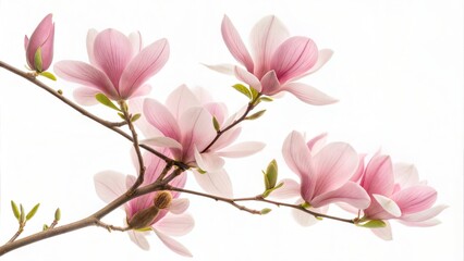 Obraz premium Beautiful pink magnolia flowers blooming on a tree branch, isolated on white. (Flower)