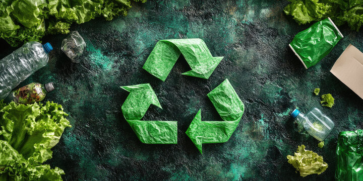 Green recycling symbol surrounded by cardboard, plastic bottles, and fresh green leaves, concept of environmental sustainability and waste management, banner with copy space