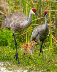 Two sandhill crane parents with two colts