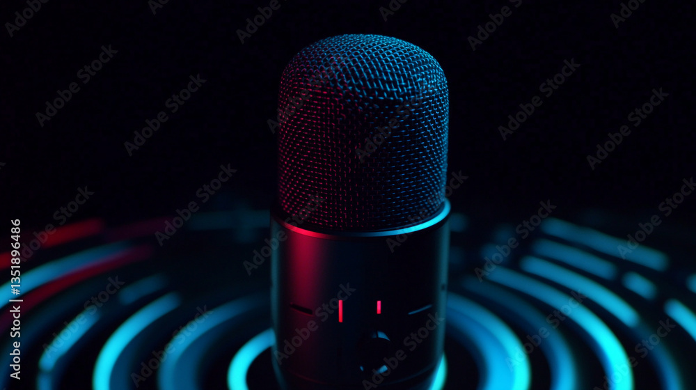 Poster a close up shot of a microphone illuminated with red and blue lights on a dark background studio set
