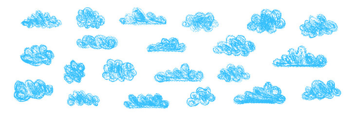 Set of abstract pencil clouds. Hand drawn cartoon cloudy sky. Vector illustration of collection of blue eddy on white background. Imitation of a child's drawing with pencils on blackboard.