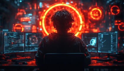 Mysterious Hacker in Dark Room Cybersecurity Cybercrime Digital Art Cyberattack Futuristic High-Tech Atmosphere