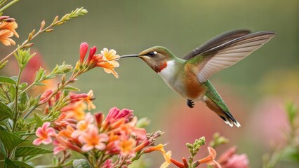 Fototapeta premium A small, colorful hummingbird hovering near flowers, drawing nectar with its delicate beak. (Flower)