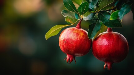Two red pomegranates hanging from a tree branch. The pomegranates are ripe and ready to be picked