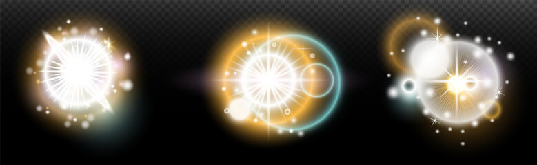 Set of flash light effect with glare and glow on a transparent background. Magic, rainbow glow, shining light, stars, optical flares for design, photomontage, New Year and holiday projects.