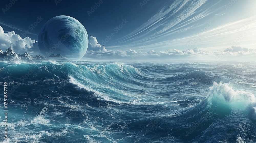 Poster a distant blue planet over a vast ocean with waves under a sky with clouds and lines