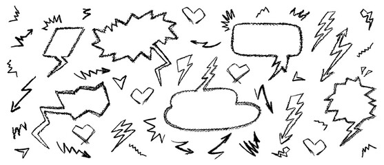 Crayon drawing speech buble set with graffiti style hearts and arrows. Collection of hand drawn chalk elements with grafitti symbols of love. Black stroke text boxes on blackboard. Vector illustration