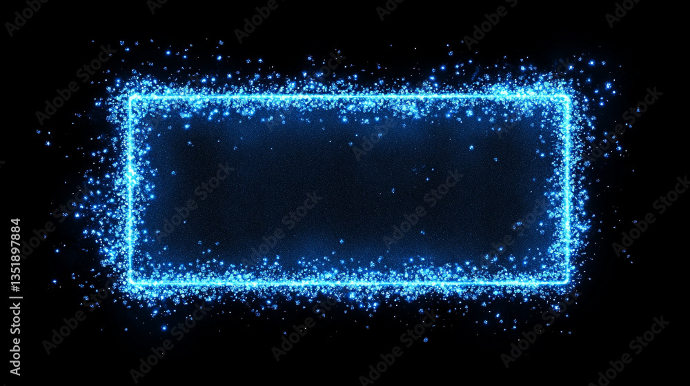 Aufkleber a glowing blue rectangular frame surrounded by sparkling particles on a black background