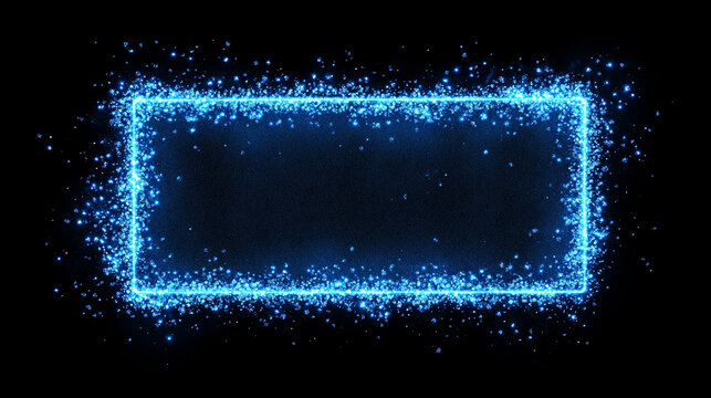 A glowing blue rectangular frame surrounded by sparkling particles on a black background