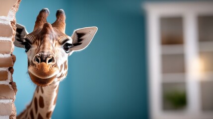 A giraffe is looking at the camera with its mouth open. The giraffe is in a room with a blue wall and white shelves
