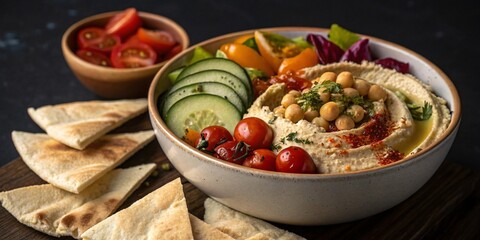 Fresh chicken and vegetable salad with feta cheese and rice in a healthy, delicious bowl