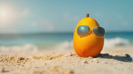 Obraz premium Smiling mango in sunglasses on the beach, with a tropical drink. A fun summer mood concept.