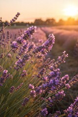 Obraz premium Close-up of Blooming Lavender Bushes in Golden Sunlight 