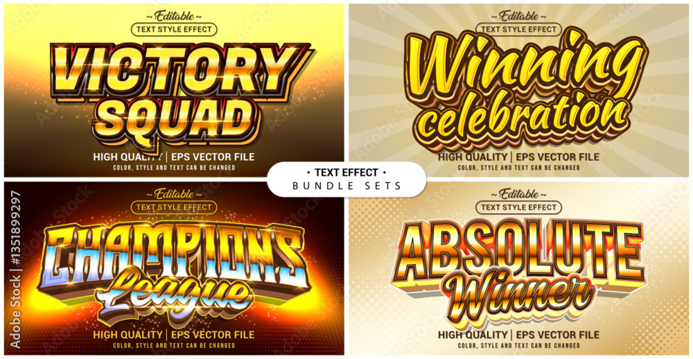 Aufkleber Text style effect bundle set. Victory Winner Champions theme set. Vector editable file format.