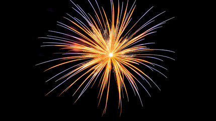 Fototapeta premium Orange and purple fireworks explode in night sky, celebratory event background