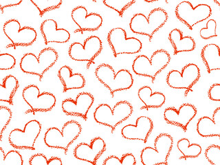 Seamless hearts pattern. Red and black color crayon stroke love symbols in doodle style. Ornament of hand drawn kid hearts elements. Graffiti colorful signs drawn by wax pencil. Vector illustration.
