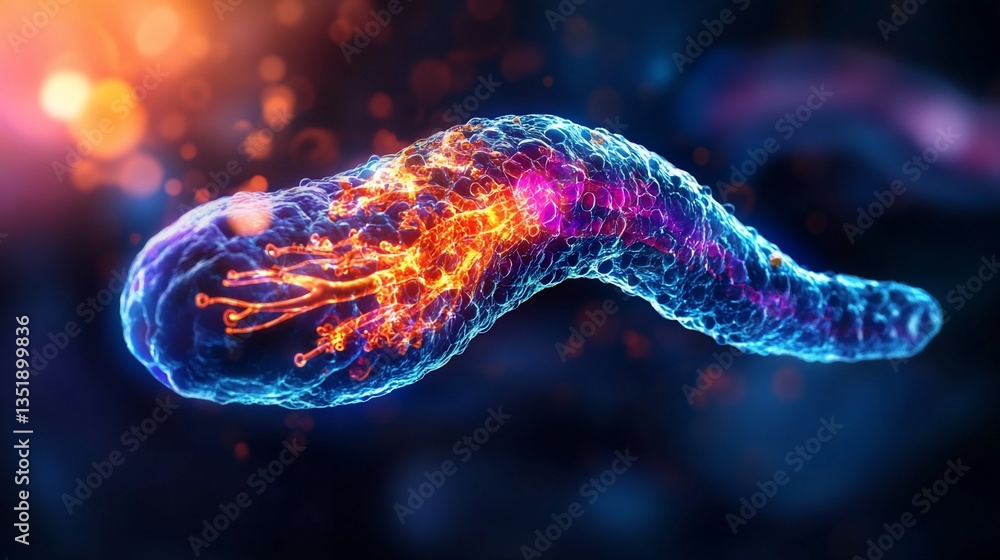 Poster detailed 3d render of a single glowing cell or bacterium with bright internal structure
