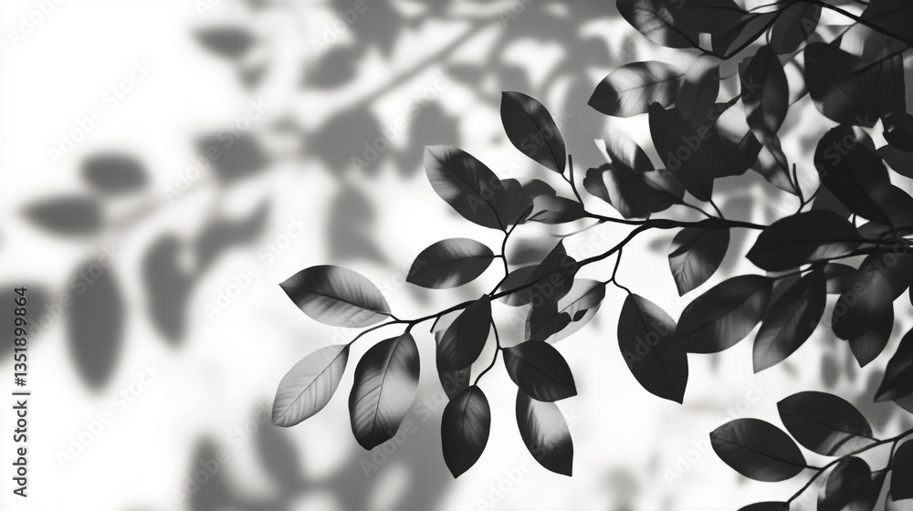 Poster monochrome image of leaves and branches with shadows cast on a white wall in a minimalist style