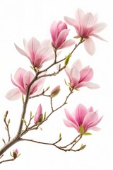 Fototapeta premium Beautiful pink magnolia flowers blooming on a tree branch, isolated on a white background. (Flower)
