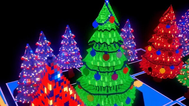 Lo-fi retro 8bit pixel art abstract Christmas, new year holiday background - colorful Xmas fir trees in mosaic style or 2d pixel design. Looped video glitch animation, retro futuristic digital footage