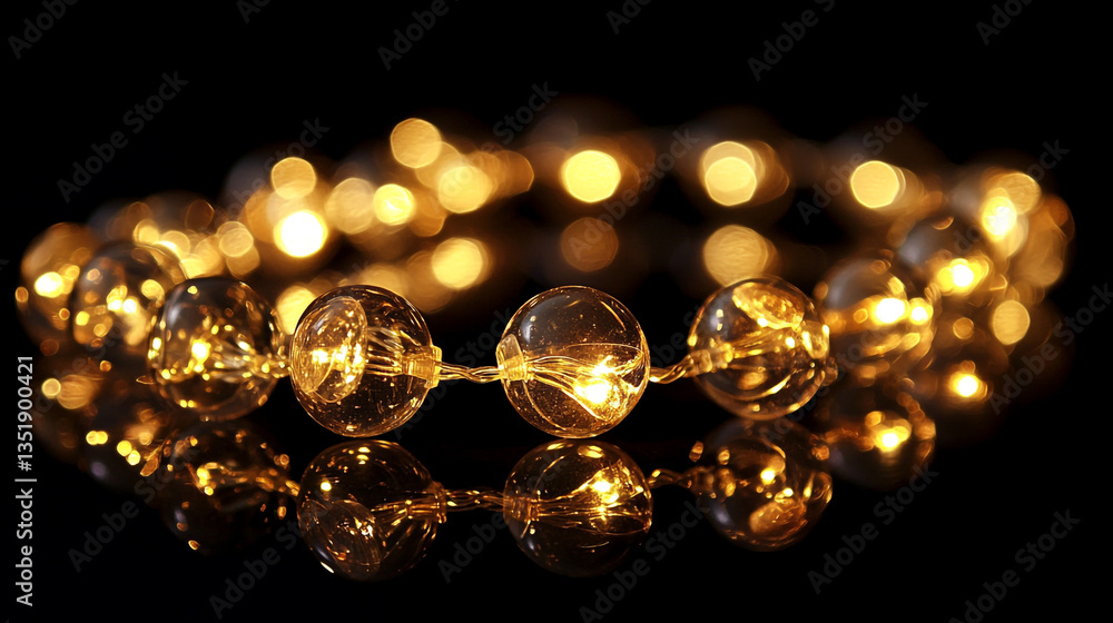 Poster close up view of a string of decorative lights with a black background and reflections below