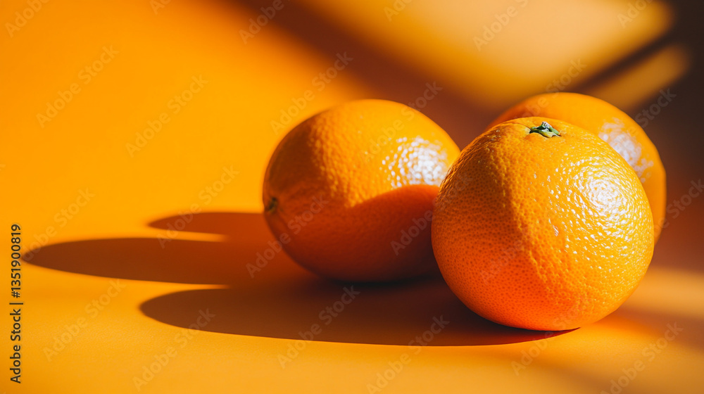 Poster close up of three oranges on a bright orange surface with shadows creating a warm and inviting scene