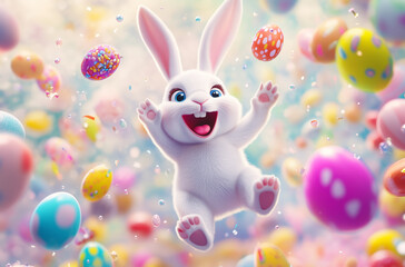 Obraz premium Happy Easter Bunny Celebrating with Colorful Eggs and Confetti 