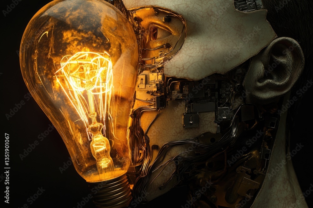 Poster a glowing lightbulb illuminates the exposed circuitry of a robotic head, symbolizing artificial inte