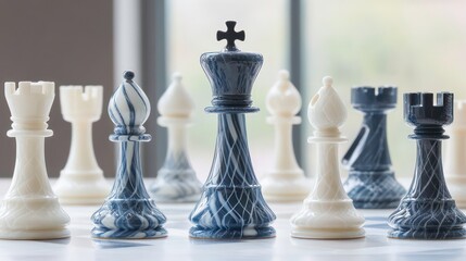 Chess pieces arranged on a board, strategic game, indoor setting, possible use for strategy articles, or puzzles